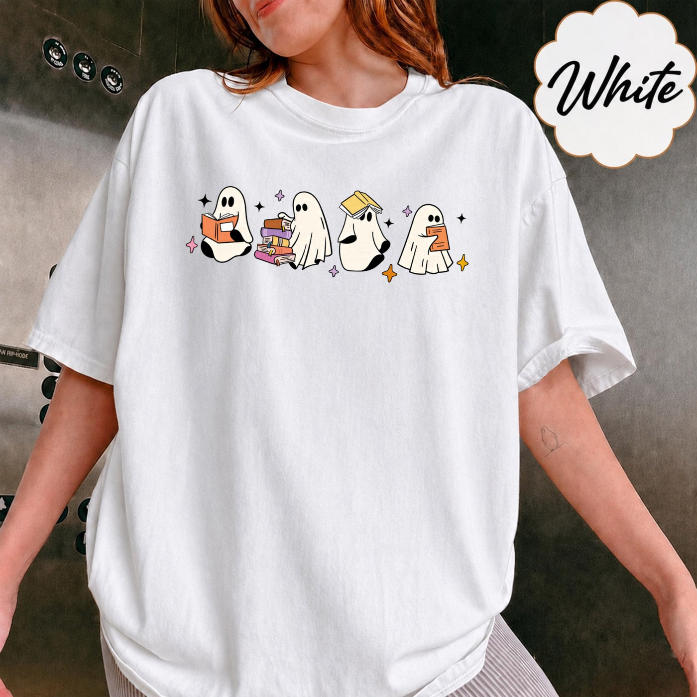 Comfort Colors Little Ghosts Reading Books Graphic Tee, Bookish Spooky Season Shirt, Ghost Tee for Halloween