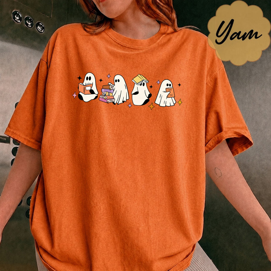 Comfort Colors Little Ghosts Reading Books Graphic Tee, Bookish Spooky Season Shirt, Ghost Tee for Halloween