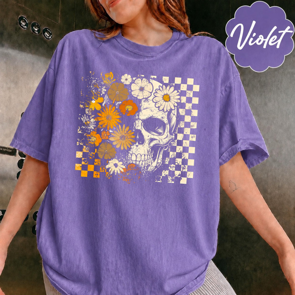 Comfort Colors Retro Floral Skeleton Shirt, Funny Checkered Skeleton Halloween, Preppy Halloween, Trendy Halloween, Spooky Season Cotton Fit