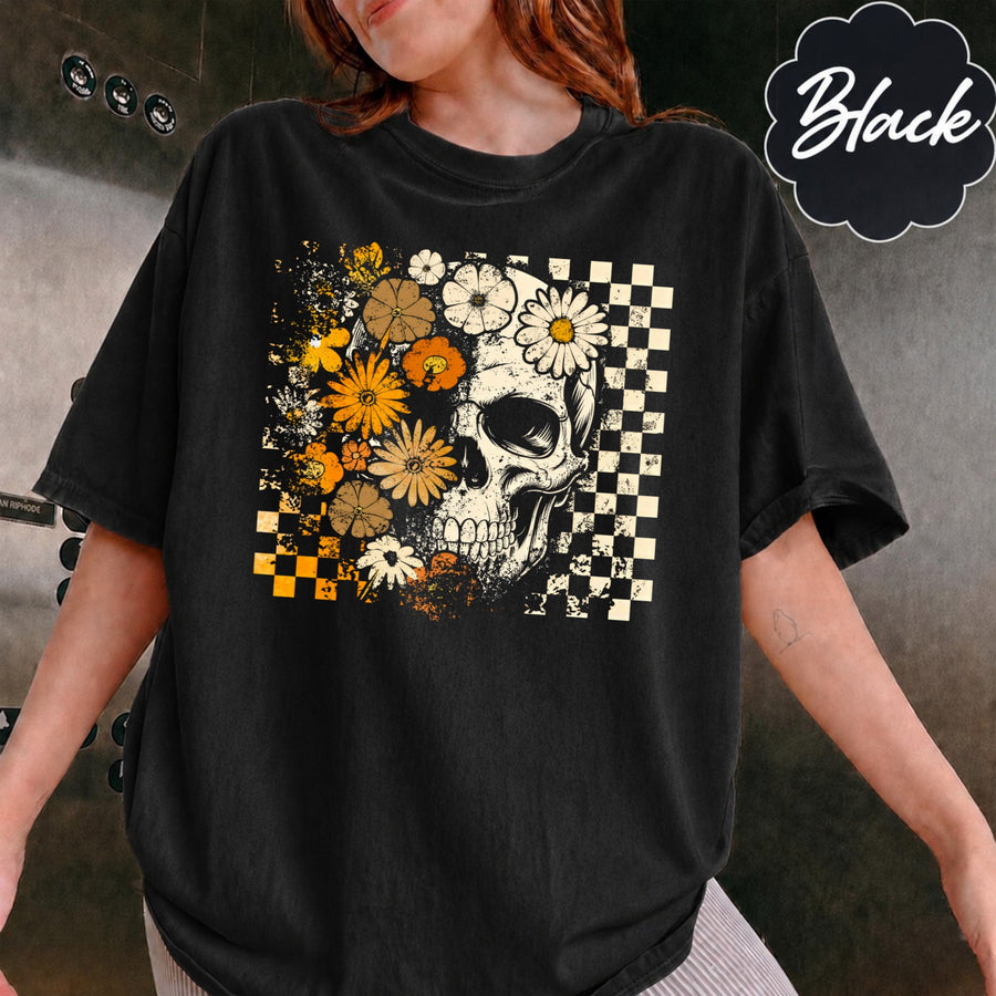 Comfort Colors Retro Floral Skeleton Shirt, Funny Checkered Skeleton Halloween, Preppy Halloween, Trendy Halloween, Spooky Season Cotton Fit