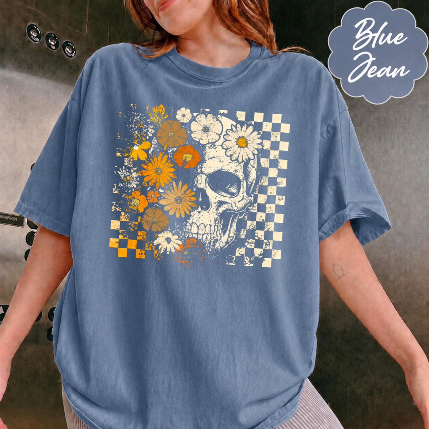 Comfort Colors Retro Floral Skeleton Shirt, Funny Checkered Skeleton Halloween, Preppy Halloween, Trendy Halloween, Spooky Season Cotton Fit