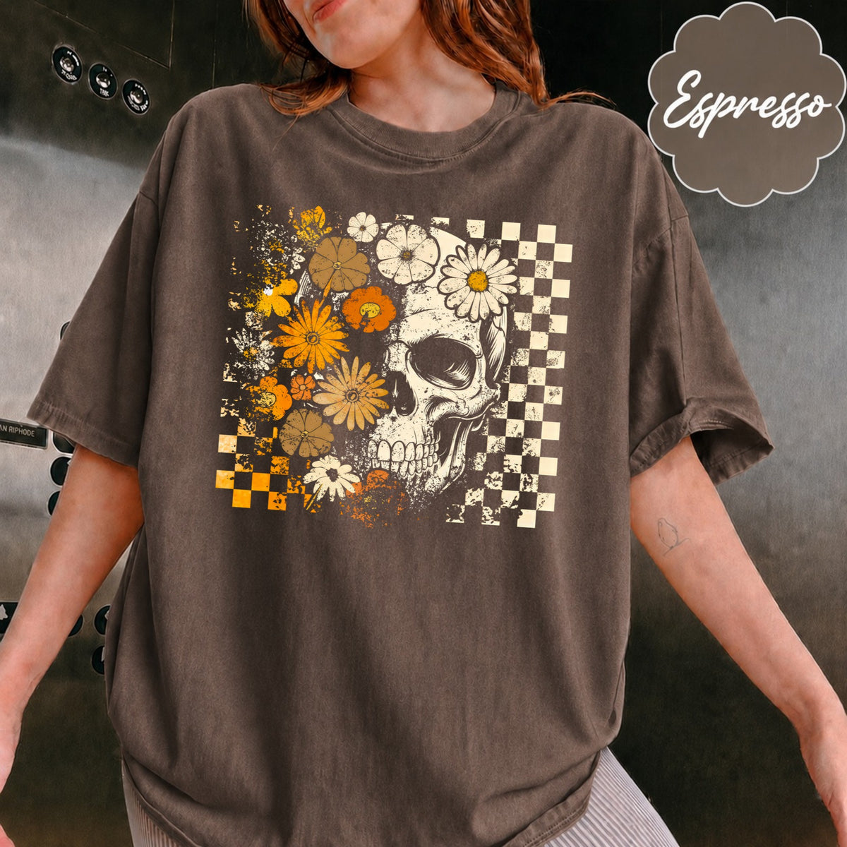 Comfort Colors Retro Floral Skeleton Shirt, Funny Checkered Skeleton Halloween, Preppy Halloween, Trendy Halloween, Spooky Season Cotton Fit
