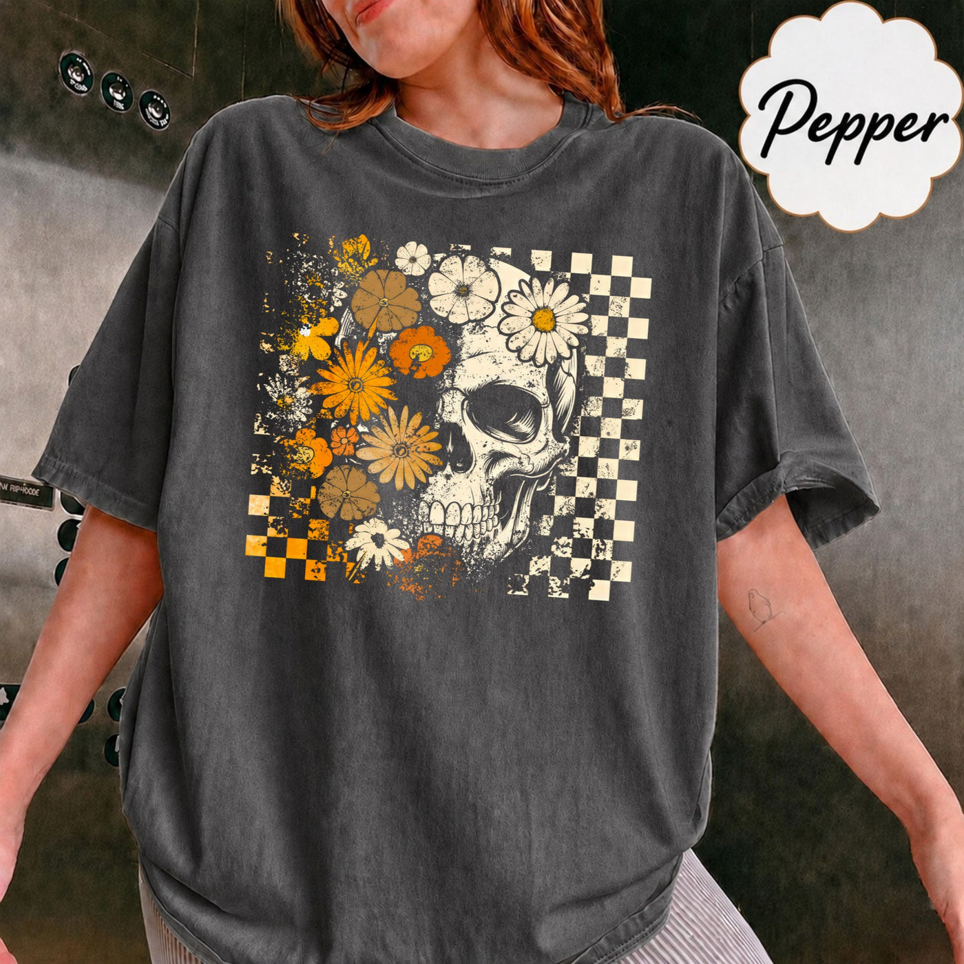 Comfort Colors Retro Floral Skeleton Shirt, Funny Checkered Skeleton Halloween, Preppy Halloween, Trendy Halloween, Spooky Season Cotton Fit