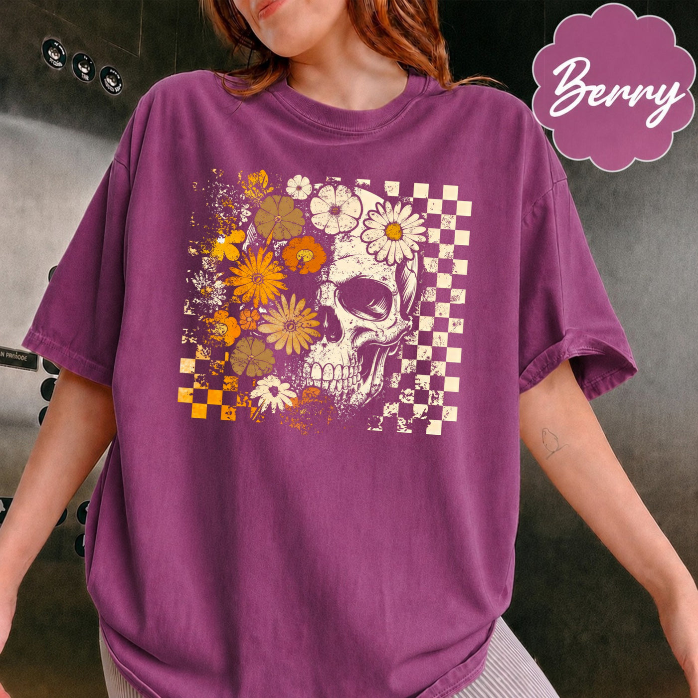 Comfort Colors Retro Floral Skeleton Shirt, Funny Checkered Skeleton Halloween, Preppy Halloween, Trendy Halloween, Spooky Season Cotton Fit