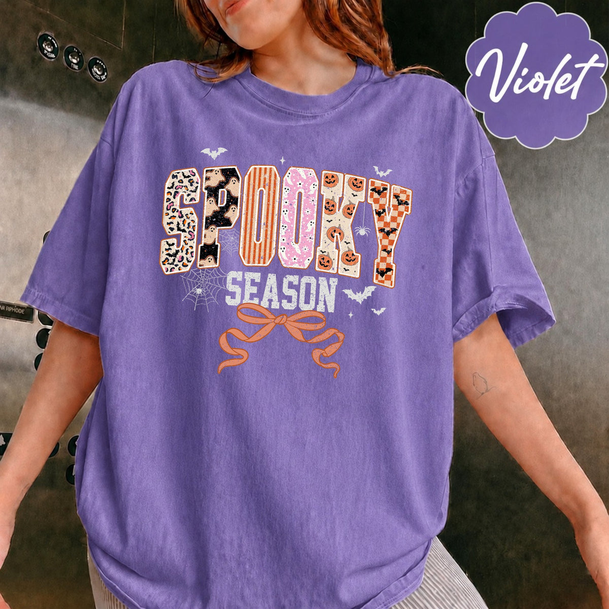 Comfort Colors Spooky Season Halloween Girly T-Shirt, Coquette Halloween, Retro Halloween Leopard Checkered Fall Shirts