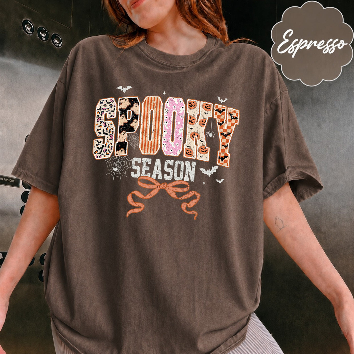 Comfort Colors Spooky Season Halloween Girly T-Shirt, Coquette Halloween, Retro Halloween Leopard Checkered Fall Shirts