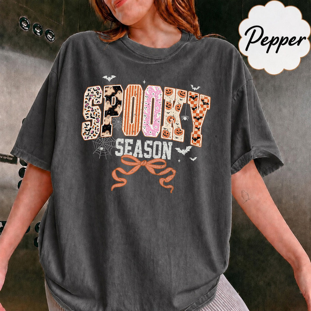 Comfort Colors Spooky Season Halloween Girly T-Shirt, Coquette Halloween, Retro Halloween Leopard Checkered Fall Shirts